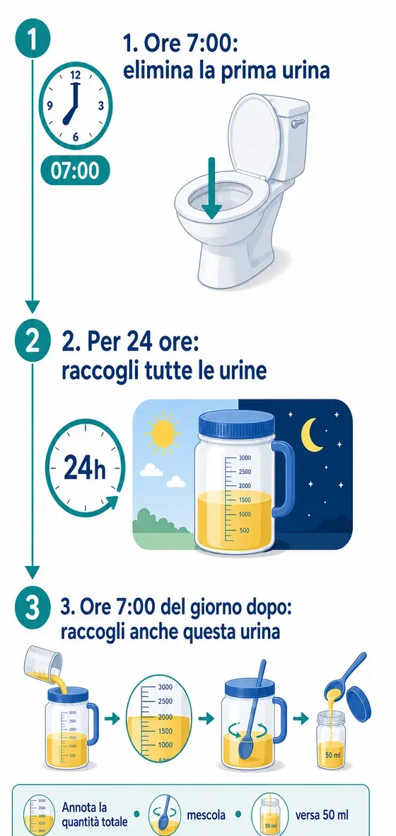 Schema in tre passaggi: alle 7:00 la prima urina si elimina, per 24 ore si raccoglie tutto, alle 7:00 del giorno dopo si raccoglie anche l'ultima urina; poi si annota la quantità totale, si mescola e si versano 50 ml nel contenitore piccolo.